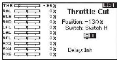 THR -96% RAL 0% ELE 0% RUD 0% LFL 0% LAL 0% RFL 0% RX3 0% RX4 0% RX5 0% Throttle Cut Position: -130% Switch: Switch H Delay: Inh