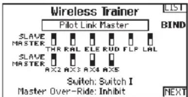 Wireless Trainer Pilot Link Master SLAVE MASTER THR RAL ELE RUD FLP LAL SLAVE MASTER AX2 AX3 AX4 AX5 Switch: Switch I Master Over-Ride: Inhibit LIST BIND NEXT