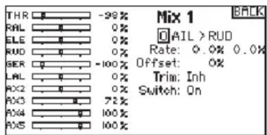 THR -99% RAL 0% ELE 0% RUD 0% BER -100% LAL 0% RX2 0% RX3 72% RX4 100% RX5 100% Mix 1 AIL > RUD Rate: 0.0% 0.0% Offset: 0% Trim: Inh Switch: On BACK