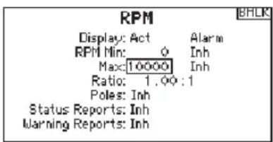 RPM Display: Act Alarm RPM Min: Ø Inh Max: 10000 Inh Ratio: 1.00 : 1 Poles: Inh Status Reports: Inh Warning Reports: Inh