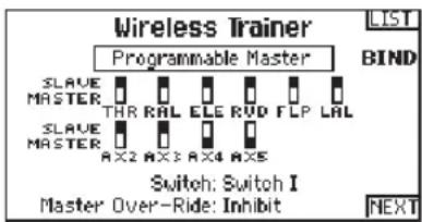 Wireless Trainer Programmable Master LIST BIND SLAVE MASTER THR RAL ELE RUD FLP LAL SLAVE MASTER AX2 AX3 AX4 AX5 Switch: Switch I Master Over-Ride: Inhibit NEXT