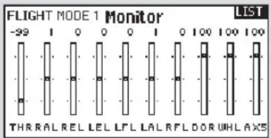 FLIGHT MODE 1 Monitor LIST -99 I 0 0 0 1 0 100 100 100 THRALREL LEL LFL ALRFLDOR UHLAXS