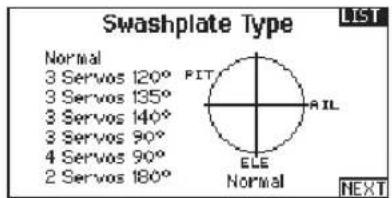 Swashplate Type LIST Normal 3 Servos 120° PIT 3 Servos 135° 3 Servos 140° 3 Servos 90° 4 Servos 90° 2 Servos 180° ELE Normal AIL NEXT