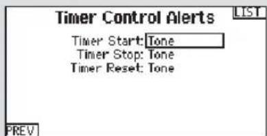 Timer Control Alerts Timer Start: Tone Timer Stop: Tone Timer Reset: Tone PREV LIST