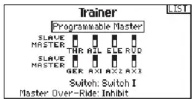 Trainer Programmable Master SLAVE MASTER THR AIL ELE RUD SLAVE MASTER GER AXI AX2 AX3 Switch: Switch I Master Over-Ride: Inhibit