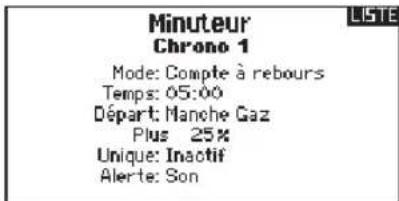 Minuteur Chrono 1 Mode: Compte à rebours Temps: 05:00 Départ: Manche Gaz Plus 25% Unique: Inactif Alerte: Son