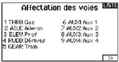 Affectation des voies LISTE 1 THRO: Gaz 6 AUX1: Aux 1 2 AILE: Aileron 7 AUX2: Aux 2 3 ELEV: Prof 8 AUX3: Aux 3 4 RUDD: Dérives 9 AUX4: Aux 4 5 GEAR: Train