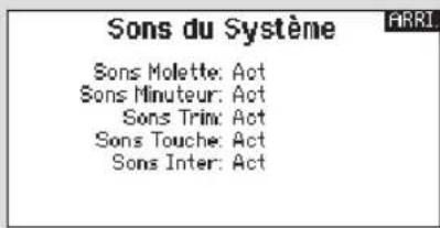 Sons du Système Sons Molette: Act Sons Minuteur: Act Sons Trim: Act Sons Touche: Act Sons Inter: Act