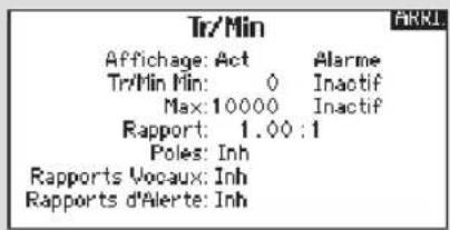 Tr/Min Affichage: Act Alarme Tr/Min Min: 0 Inactif Max:10000 Inactif Rapport: 1.00:1 Poles: Inh Rapports Vocaux: Inh Rapports d'Alerte: Inh