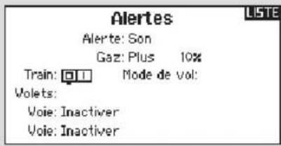 Alertes Alerte: Son Gaz: Plus 10% Train: Mode de vol: Volets: Voie: Inactiver Voie: Inactiver