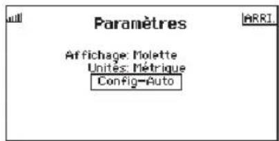 Paramètres Affichage: Molette Unités: Métrique Config-Auto