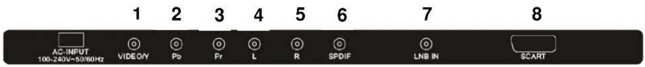 1 2 3 4 5 6 7 8 AC-INPUT 100-240V~50/60Hz VIDEO/V Pb Pr L R SPDIF LNB IN SCART
