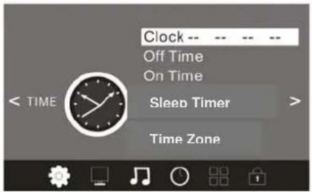 Clock -- Off Time On Time < TIME Sleep Timer > Time Zone