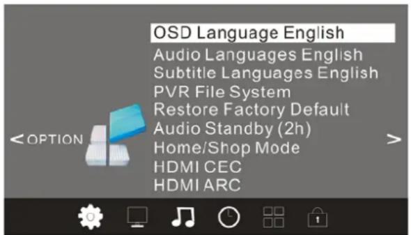 OSD Language English Audio Languages English Subtitle Languages English PVR File System Restore Factory Default Audio Standby (2h) Home/Shop Mode HDMI CEC HDMI ARC
