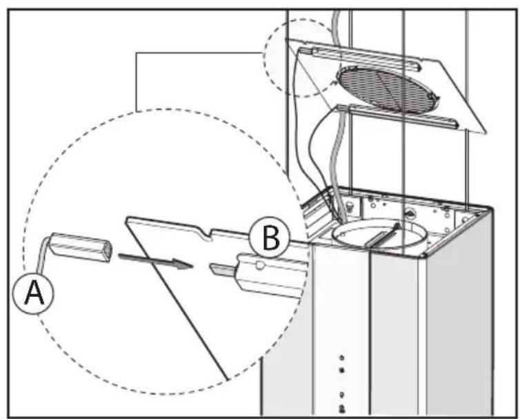 Technical diagram of a device with labeled components A and B, showing internal structure and connection lines.