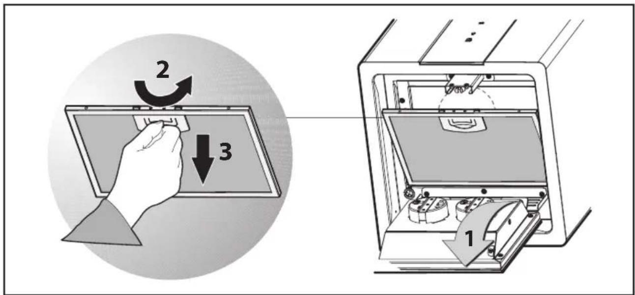 Diagram illustrating a hand operating a device with labeled parts and directional arrows indicating rotation or movement.