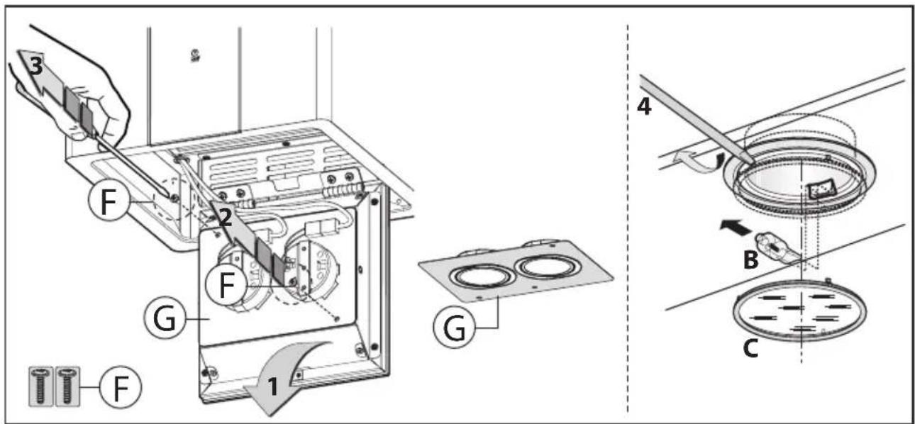 Technical diagram showing installation steps of a microwave oven with labeled components and wiring connections