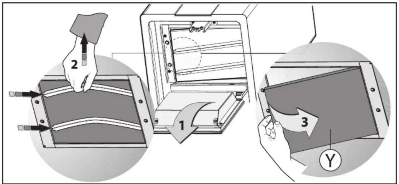 Diagram illustrating a 3D printer operation with labeled steps and components, including hand positioning and packaging instructions.