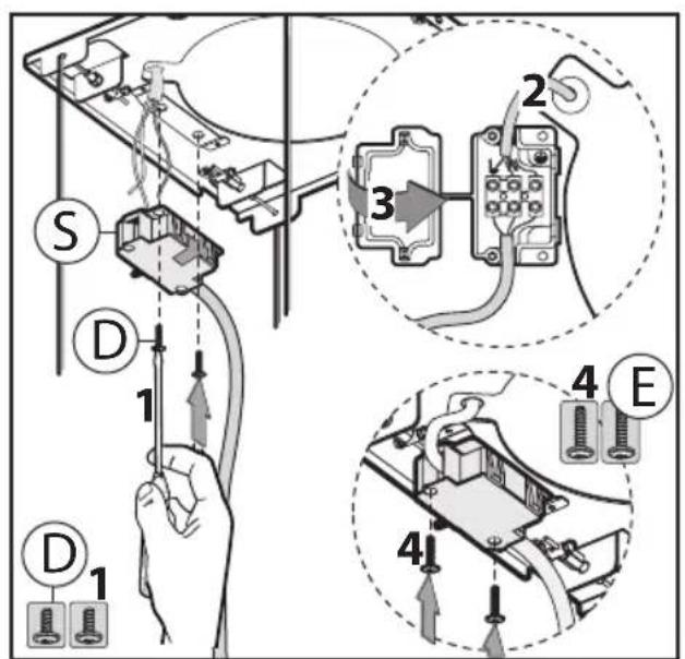 Diagram showing electrical wiring connections with labeled components and numbered parts, likely illustrating a power or cable installation procedure.