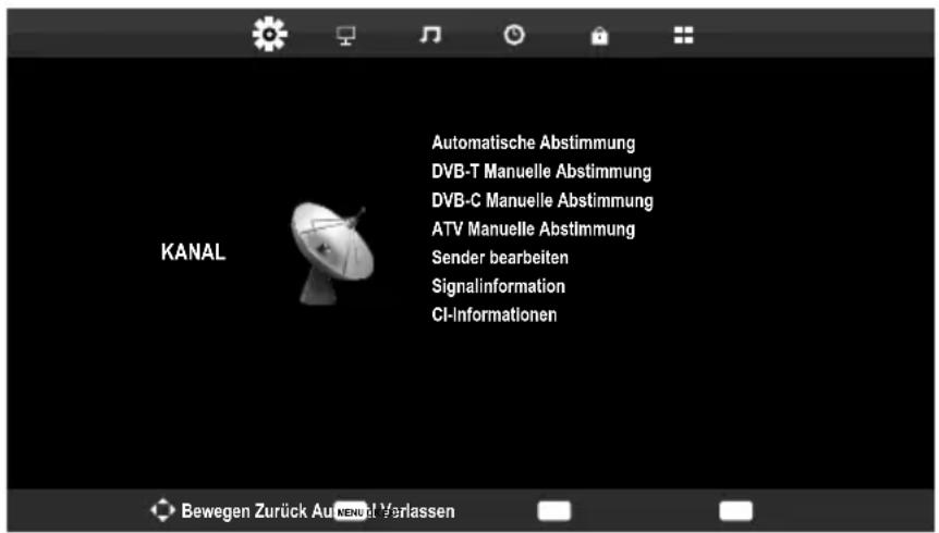 KANAL Automatische Abstimmung DVB-T Manuelle Abstimmung DVB-C Manuelle Abstimmung ATV Manuelle Abstimmung Sender bearbeiten Signalinformation CI-Informationen Bewegen Zurück Aufmend Verlassen