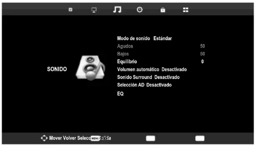 Modo de sonido Estándar Agudos 50 Bajos 50 Equilibrio 0 Volumen automático Desactivado Sonido Surround Desactivado Selección AD Desactivado EQ Mover Volver Selecó MENU Salida