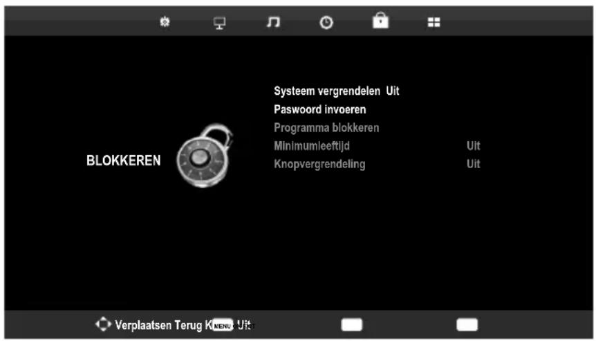 BLOKKEREN Systeem vergrendelen Uit Passwoord invoeren Programma blokkeren Minimumleeftijd Uit Knopvergrendeling Uit Verplaatsen Terug K NENUT UIT