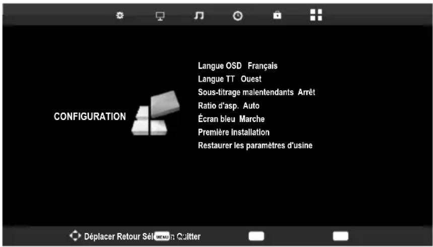 Langue OSD Français Langue TT Ouest Sous-titrage malentendants Arrêt Ratio d'asp. Auto Écran bleu Marche Première Installation Restaurer les paramètres d'usine CONFIGURATION Déplacer Retour Sél MENN Quitter
