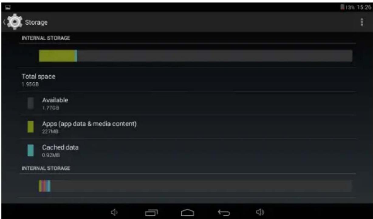 Storage INTERNAL STORAGE Total space 1.95GB Available 1.77GB Apps (app data & media content) 227MB Cached data 0.92MB INTERNAL STORAGE
