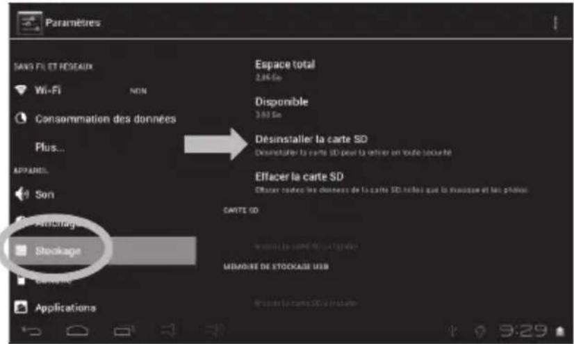 Paramètres SANS FI ET RESEAUX Wi-Fi NON Consommation des données Plus... APPAREL Son Stockage Applications Espace total 2.80 gm Disponible 3.60 gm Désinstaller la carte SD Desinstaller la carte SD pour la recherche un texte securée Effacer la carte SD Effacer cette les données de la carte SD telles que la trousse et les pluvres CRATE SD MEMBRE DE STOCKAGE USB Presse la carte SD installer