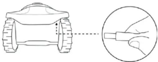Diagram showing a robotic vehicle with a hand holding a tool, connected to a dashed line indicating motion (no text or symbols present)