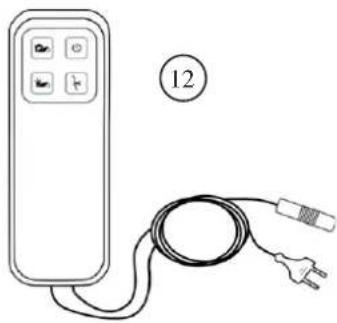 Line drawing of a remote control device connected to a coiled cable with two plug-in connectors (no text or symbols)