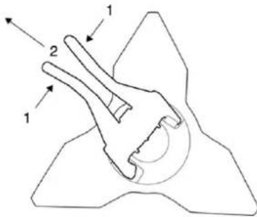 Technical diagram of a mechanical clamp or tool with numbered parts labeled 1 and 2
