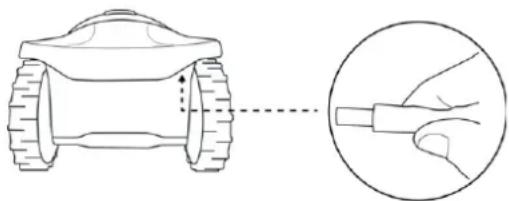 Diagram showing a robotic vehicle with a hand holding a tool, connected to a dashed line indicating motion (no text or symbols present)