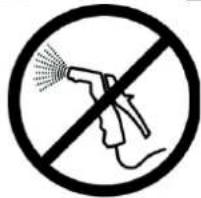 Prohibition sign with a hand spraying water, enclosed in a circle, indicating no spray or disinfection.