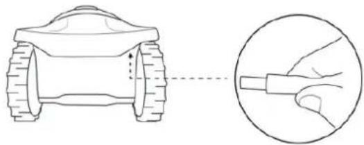 Diagram showing a robotic vehicle with wheels connected to a hand holding a tool, alongside a magnified view of the tool tip (no text or symbols present)