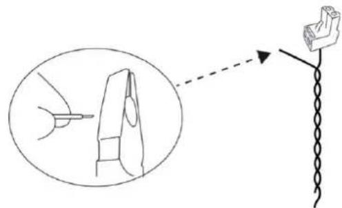 Diagram showing a mechanical component with a dashed arrow pointing to a hanging hook or chain (no text or symbols present)