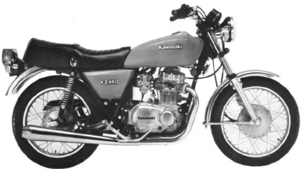 Side view of a Kawasaki motorcycle with visible engine and wheel (no text or symbols on the body)