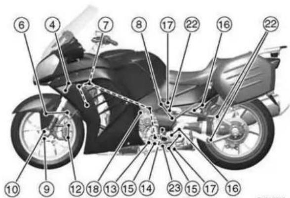 Labeled diagram of a motorcycle with numbered parts for identification