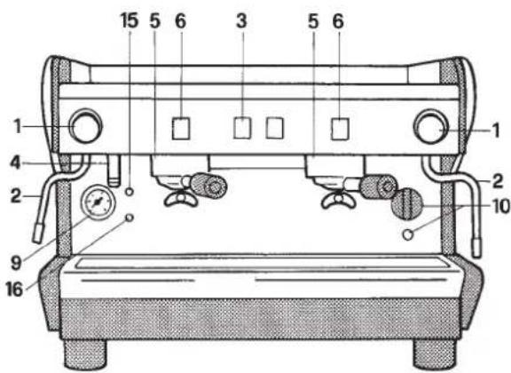 Technical diagram of a coffee machine with numbered parts for identification