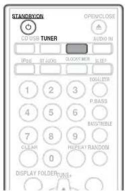 STANDBYON CD USB TUNER OPENCLOSE AUDIO IN IPD ST AUXG CLOCK/THEB SLID 1 2 3 P.BASS 4 5 6 BAS/TRIBLE 7 8 9 CLEAR P/EPEAT RANDOM 0 DISPLAY FOLDER/TUNE+