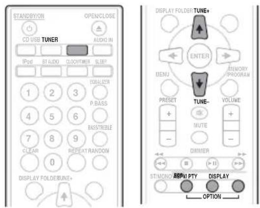 STANDBYION OPENCLOSE CD USB TUNER AUDIO IN IPsd BT ALDO CLOCKTIMER SLEEP SIGNALDER P.BASS BASSTREBLE CLEAR 8 9 0 REPEAT RANDOM DISPLAY FOLDERUNE+ DISPLAY FOLDER TUNE+ ENTER MENU TUNE- VOLUME MUTE DIMMER STANDARD REPORT PTY DISPLAY OPTION