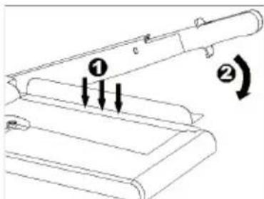 Diagram showing two labeled mechanical components with directional arrows indicating movement or force, marked as ① and ②.