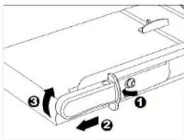 Technical diagram showing a mechanical component with numbered parts and directional arrows indicating motion or assembly.
