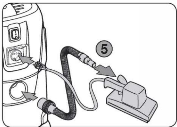 Diagram showing a hair dryer connected to a plug with labeled component 5, indicating electrical or mechanical connection.
