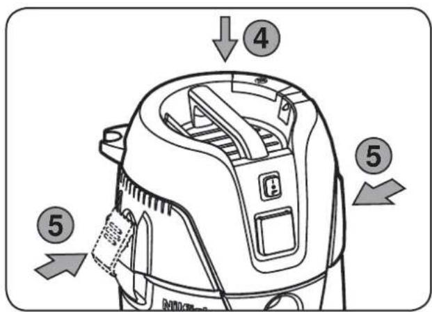 Diagram of a vacuum cleaner with numbered parts indicating internal components and directional arrows