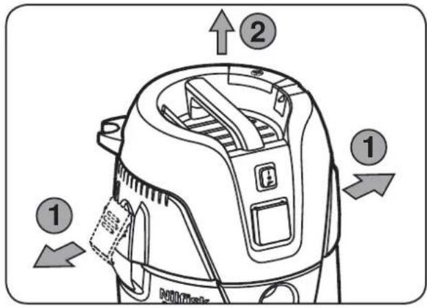 Diagram of a vacuum cleaner with labeled parts and directional arrows indicating motion or assembly steps.