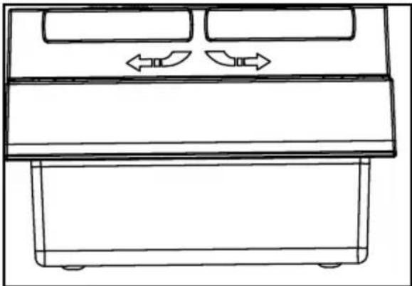 Line drawing of a double-door refrigerator with two side outlets and directional arrows indicating airflow or ventilation (no text or symbols)
