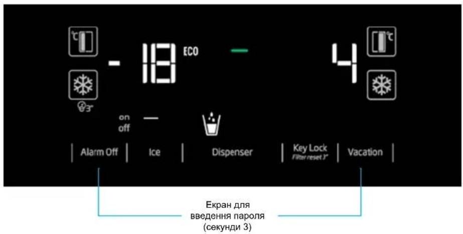 - 18 ECO on off Alarm Off | Ice | Dispenser | Key Lock Filter reset 3" | Vacation | Екран для введення пароля (секунди 3)