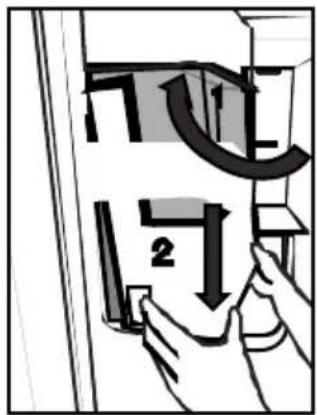 Diagram showing a hand holding a component with labeled parts and directional arrows, possibly illustrating a process or installation.