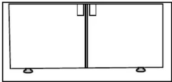 Simple line drawing of a two-panel cabinet or enclosure with mounting feet (no text or symbols)